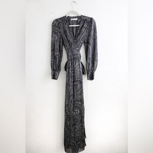 ZARA Paisley Print Grey/Black Maxi Tie Waste Dress Size S